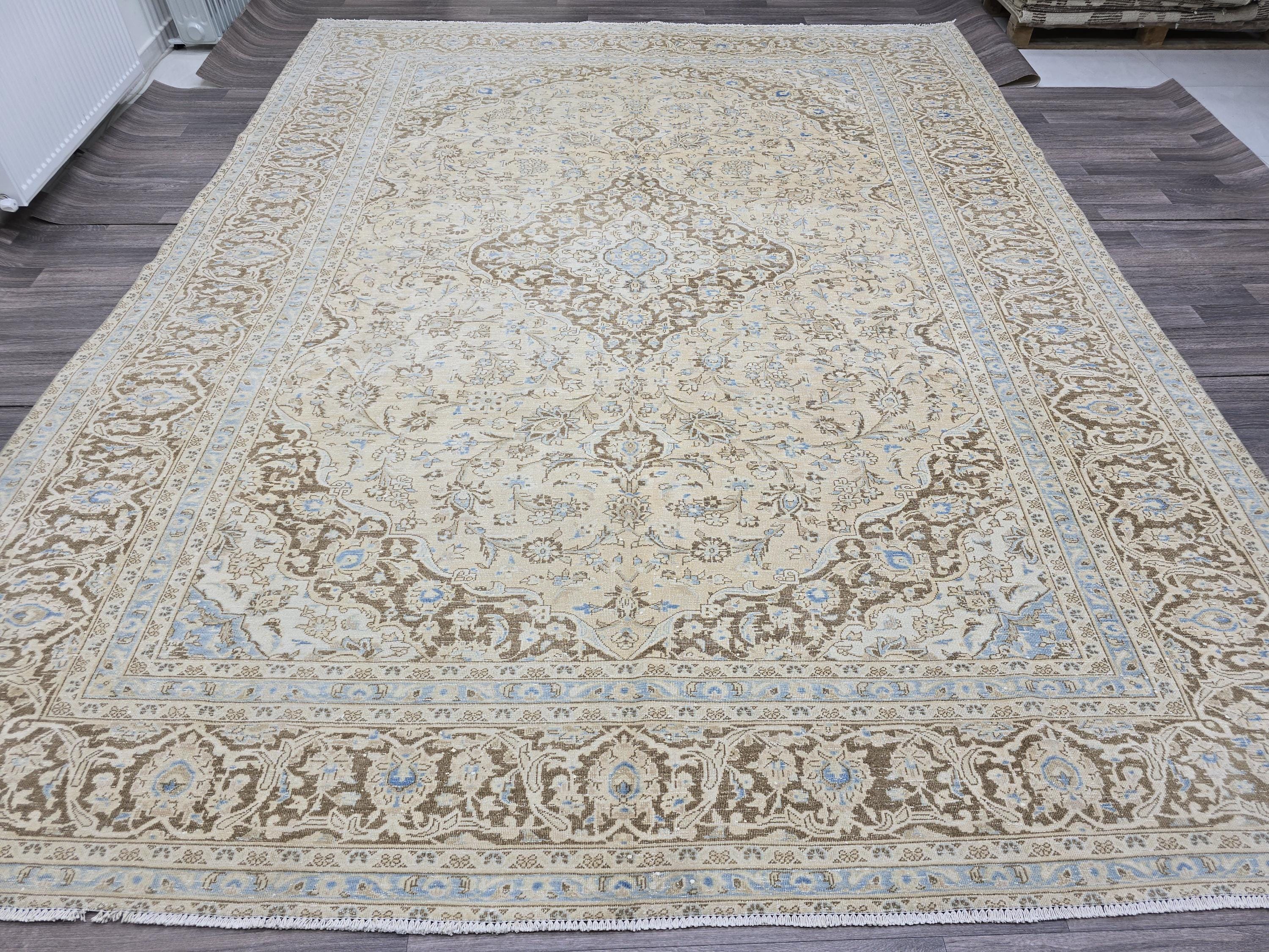 Vintage Oushak Rug 9x12: Handmade Wool, Blue Beige Floral Medallion