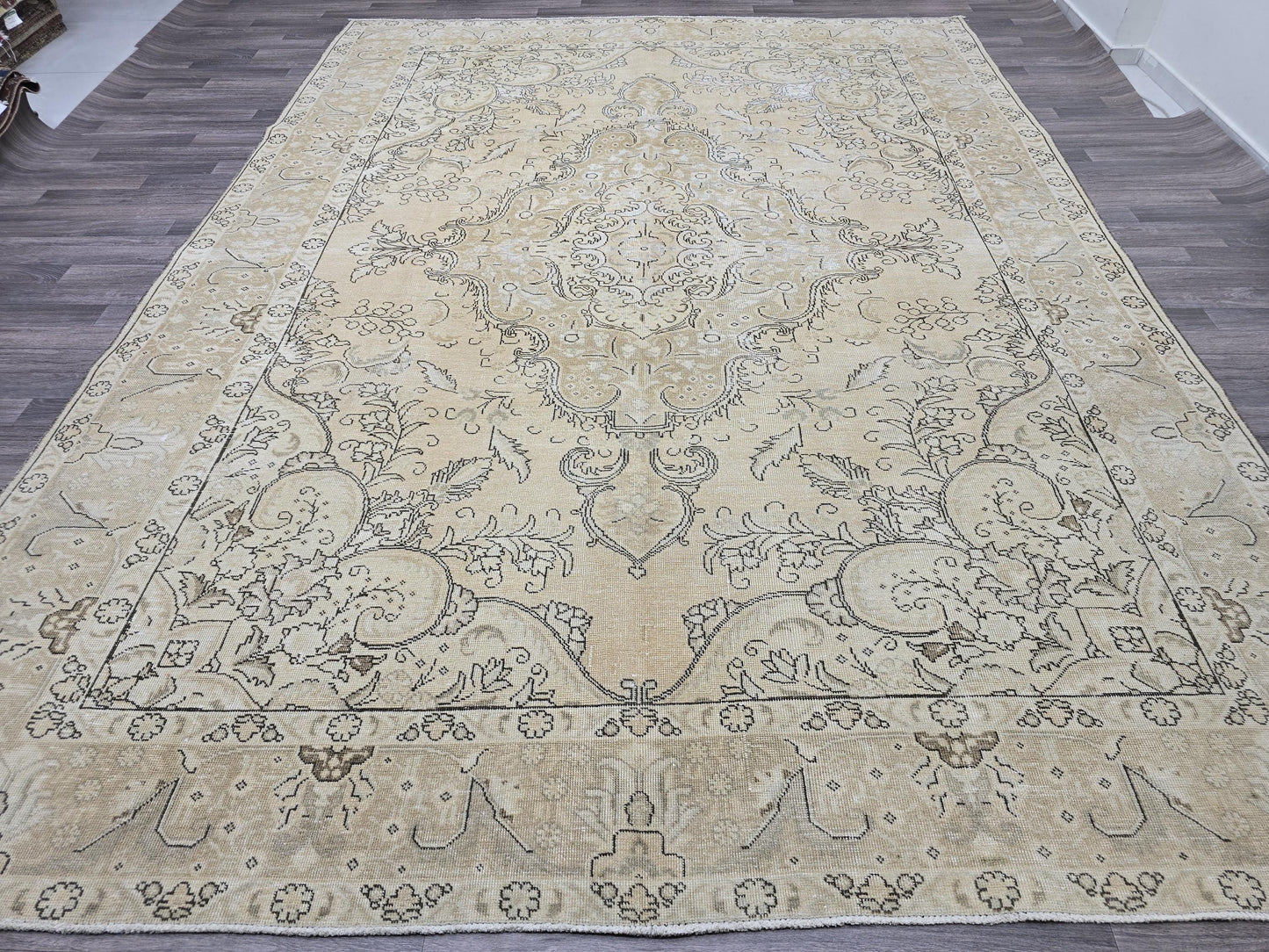 9x12 Oversized Vintage Oushak Rug: Distressed Tan Wool Medallion