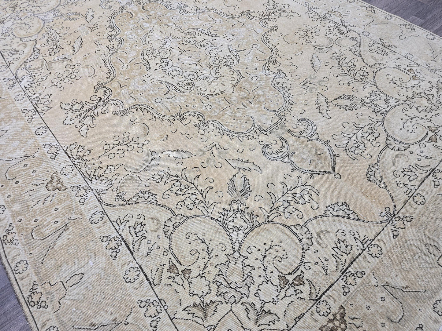 9x12 Oversized Vintage Oushak Rug: Distressed Tan Wool Medallion