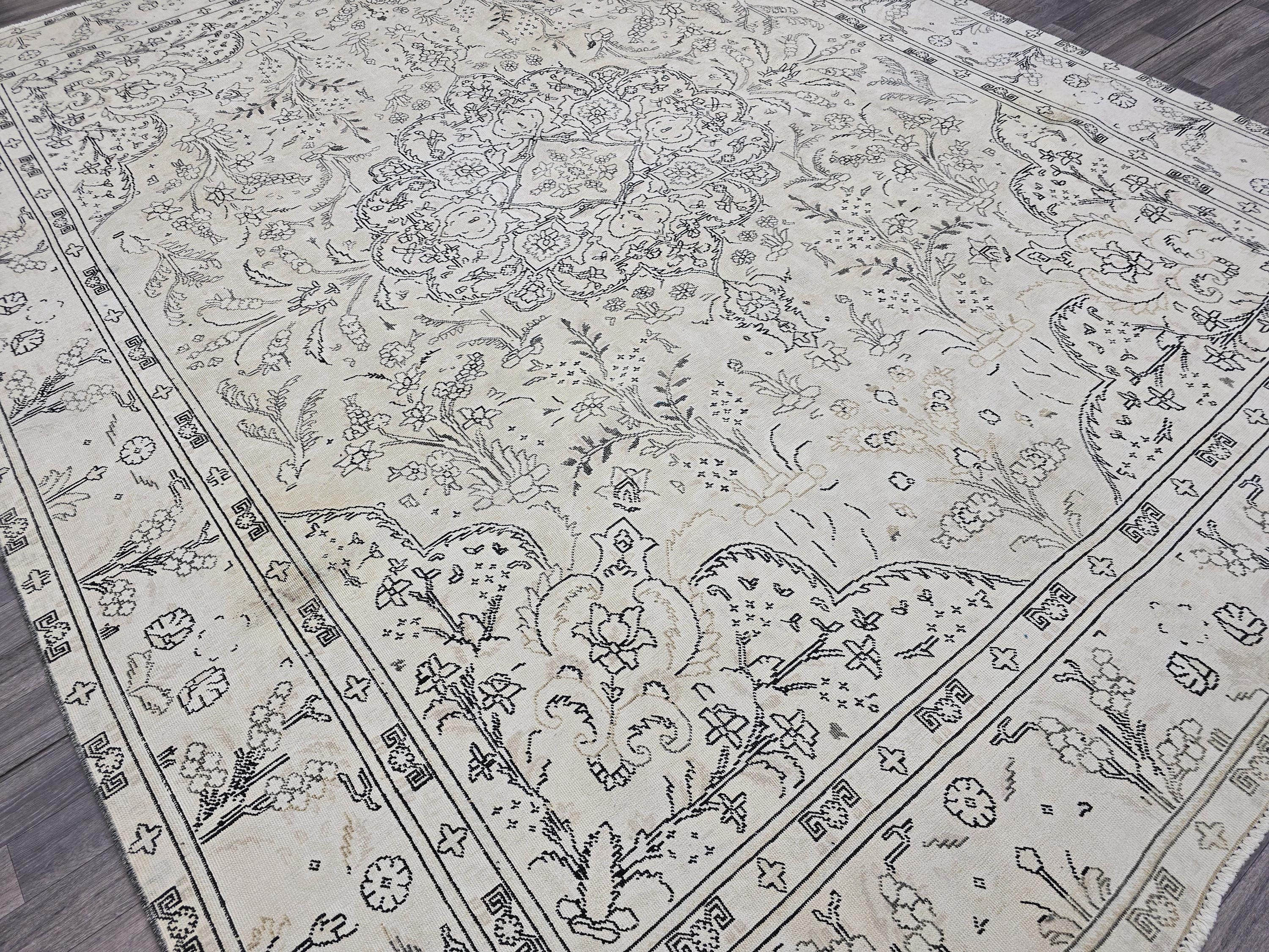 Oversize Cream Turkish Rug 10x12: Muted Vintage Wool Carpet