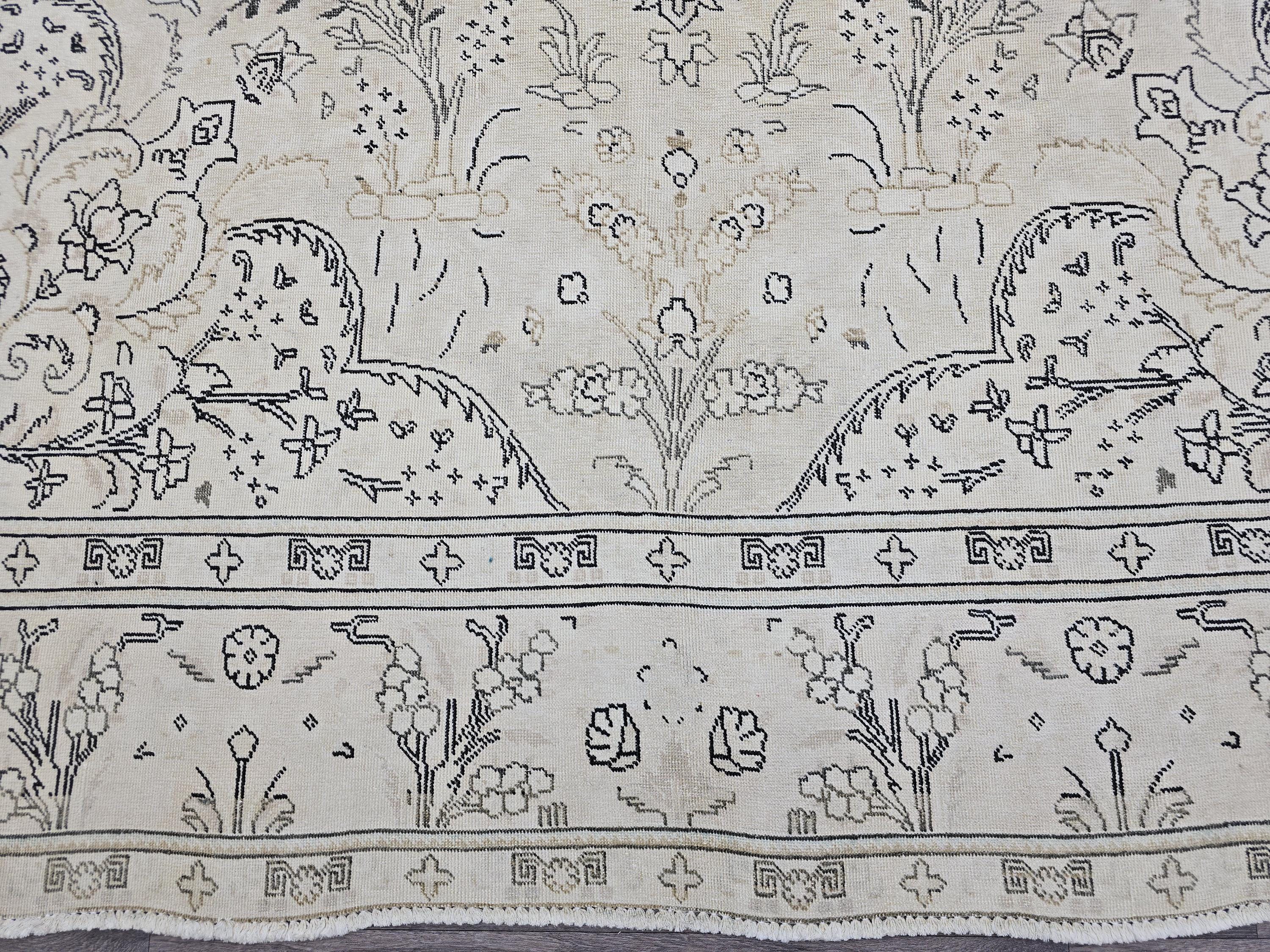 Oversize Cream Turkish Rug 10x12: Muted Vintage Wool Carpet