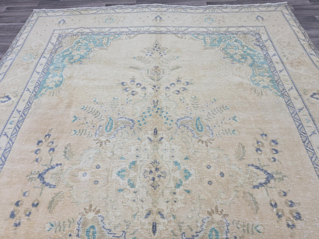 Vintage Turkish Oushak Rug 8x11: Handwoven Wool, Muted Blue Beige