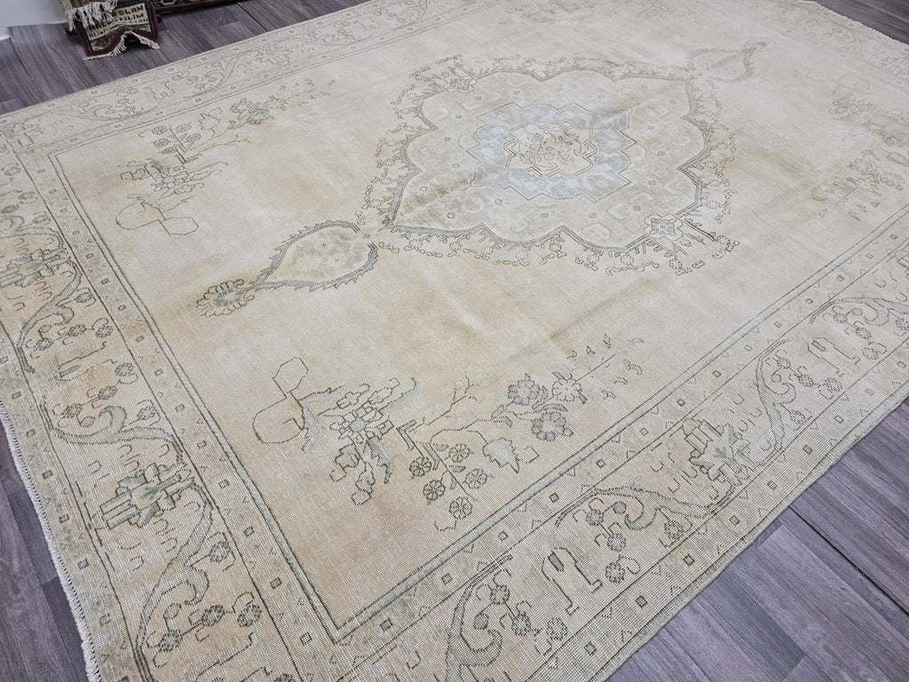 9x12 Turkish Vintage Rug Cream Oushak Handwoven Wool Area Carpet Pale Blue Medallion