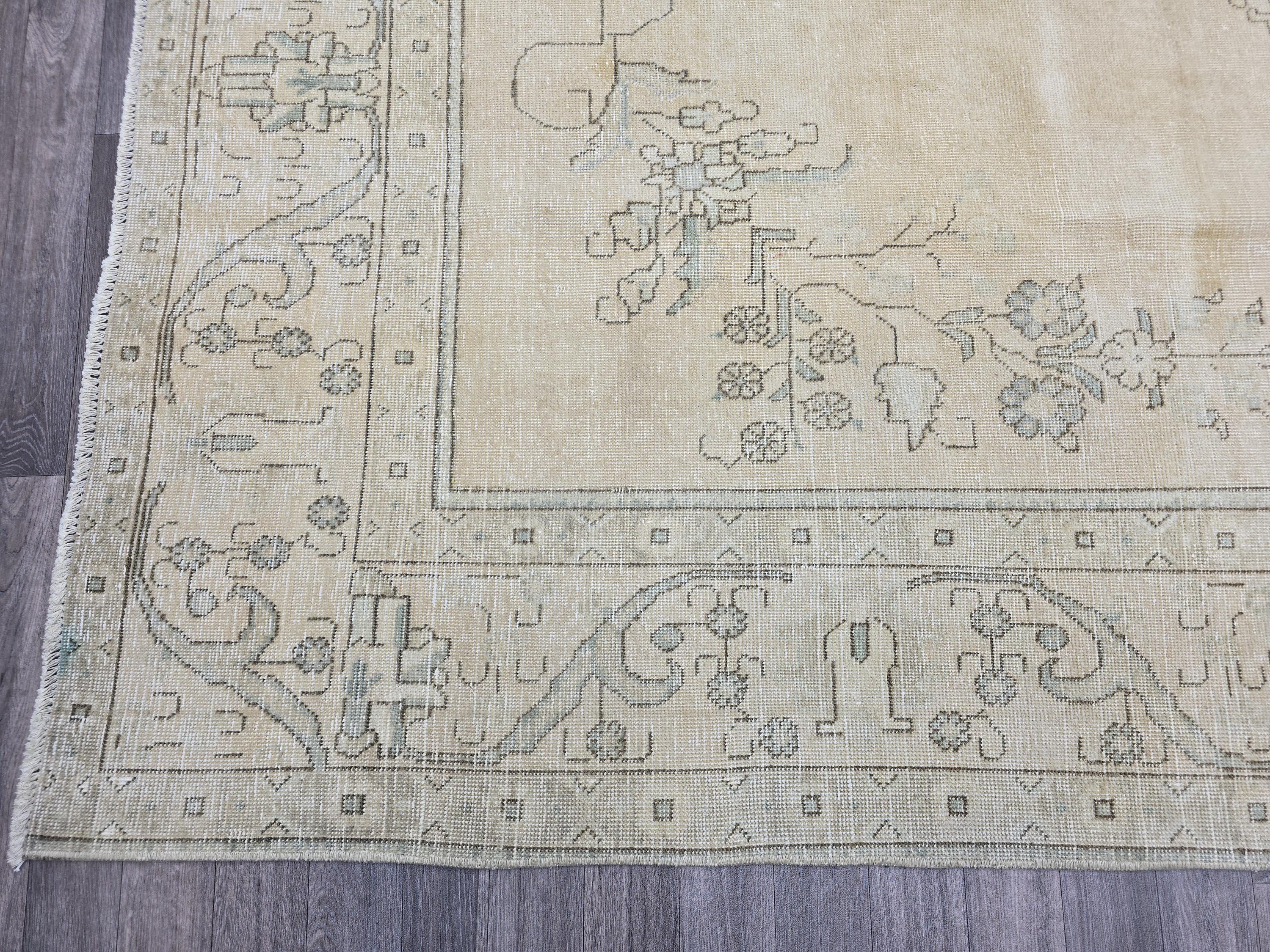9x12 Turkish Vintage Rug Cream Oushak Handwoven Wool Area Carpet Pale Blue Medallion