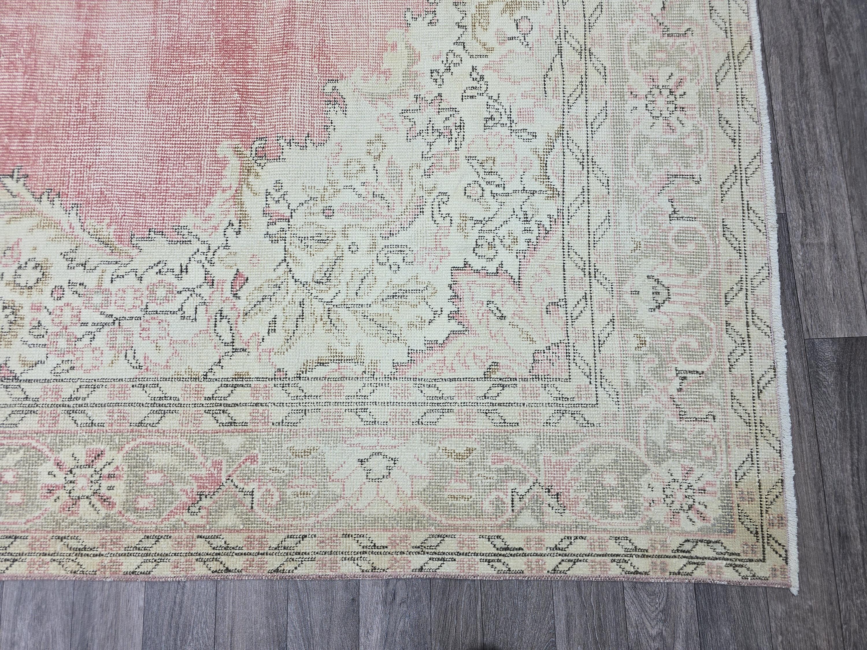 Pink Turkish Rug 7x11 Vintage Oushak Area Rug Distressed Medallion Living Room Large Carpet