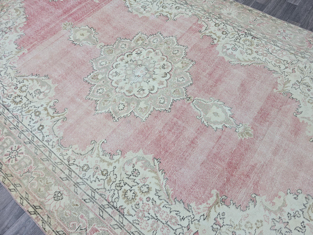 Pink Turkish Rug 7x11 Vintage Oushak Area Rug Distressed Medallion Living Room Large Carpet