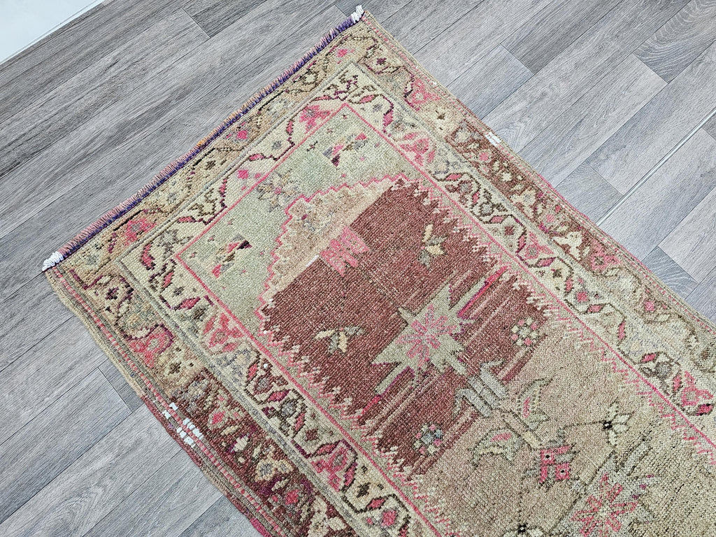 Vintage Turkish Wool Runner Rug: 3x12 Pastel Tribal Hallway Rug