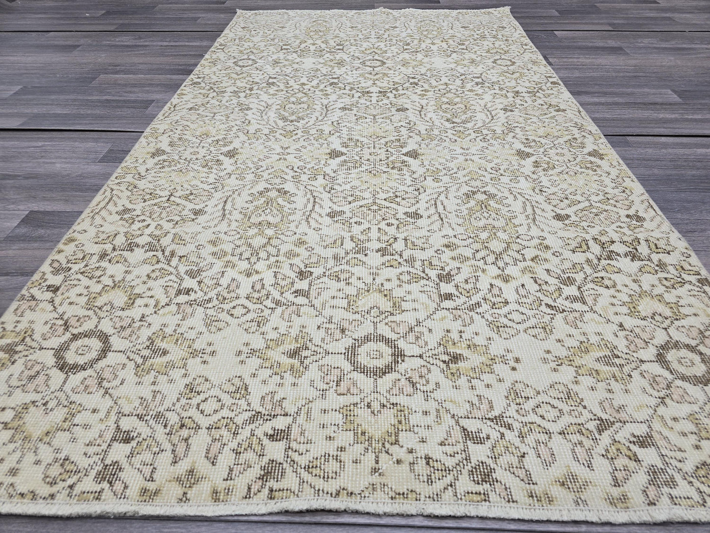 Vintage Turkish Rug 4x7 Oushak Runner Beige Neutral Hallway Runner Distressed Area Rug Handmade Wool Carpet