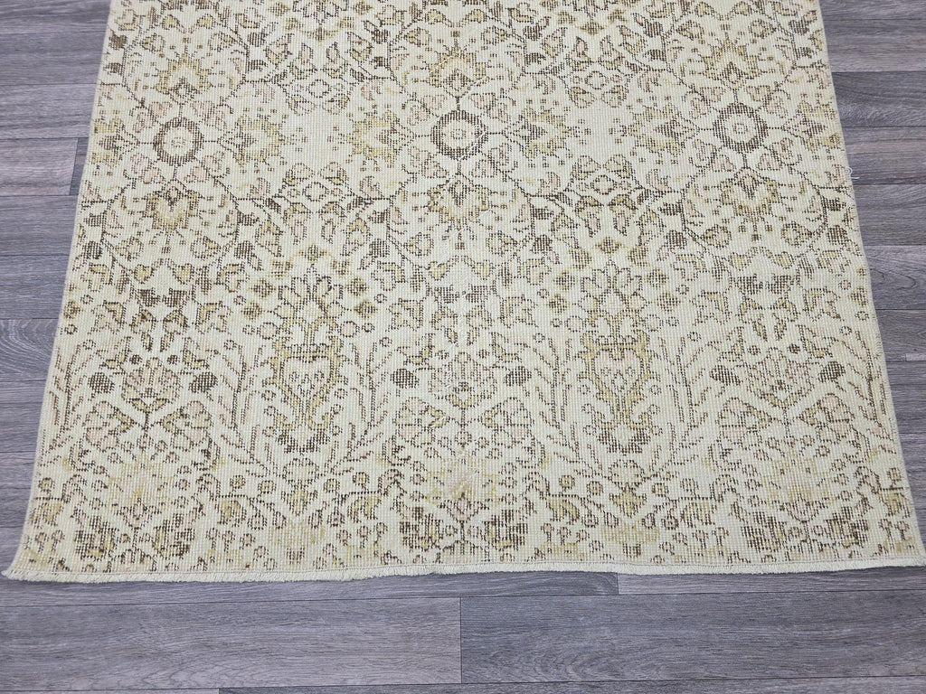 Vintage Turkish Oushak Runner Rug 4x7: Beige Wool Hallway Carpet