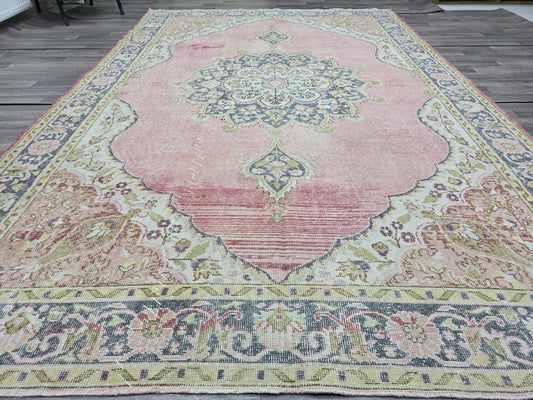 Vintage Turkish Oushak Rug: 7x11 Pink Floral Wool Carpet