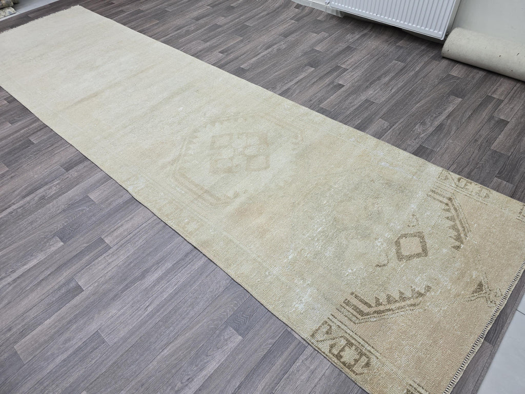 Vintage Oushak Wool Runner Rug: Distressed Turkish Hallway Carpet (3.9x14.25 ft)