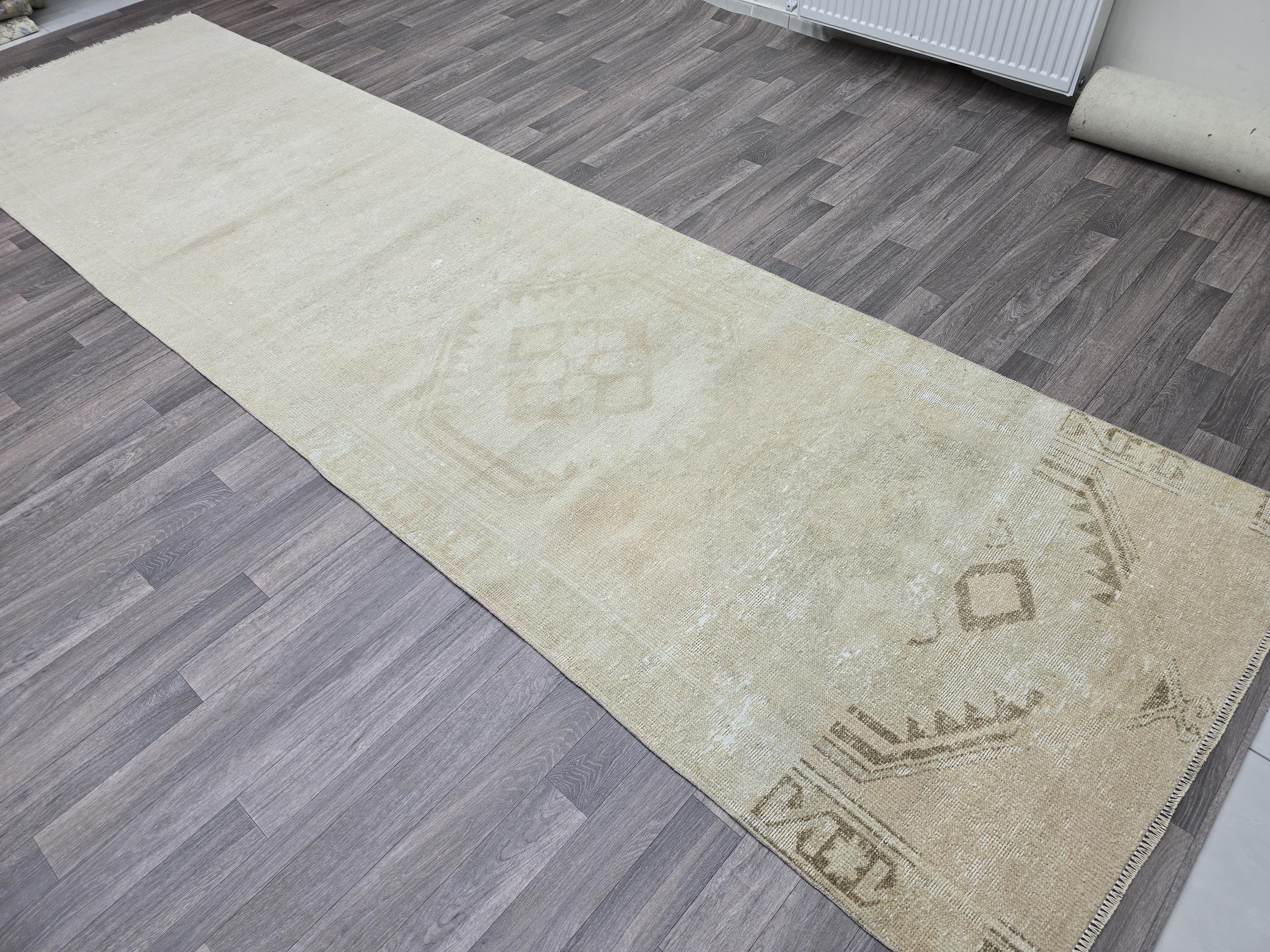 Vintage Oushak Wool Runner Rug: Distressed Turkish Hallway Carpet (3.9x14.25 ft)