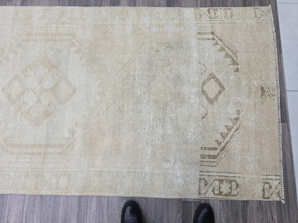 Vintage Oushak Wool Runner Rug: Distressed Turkish Hallway Carpet (3.9x14.25 ft)
