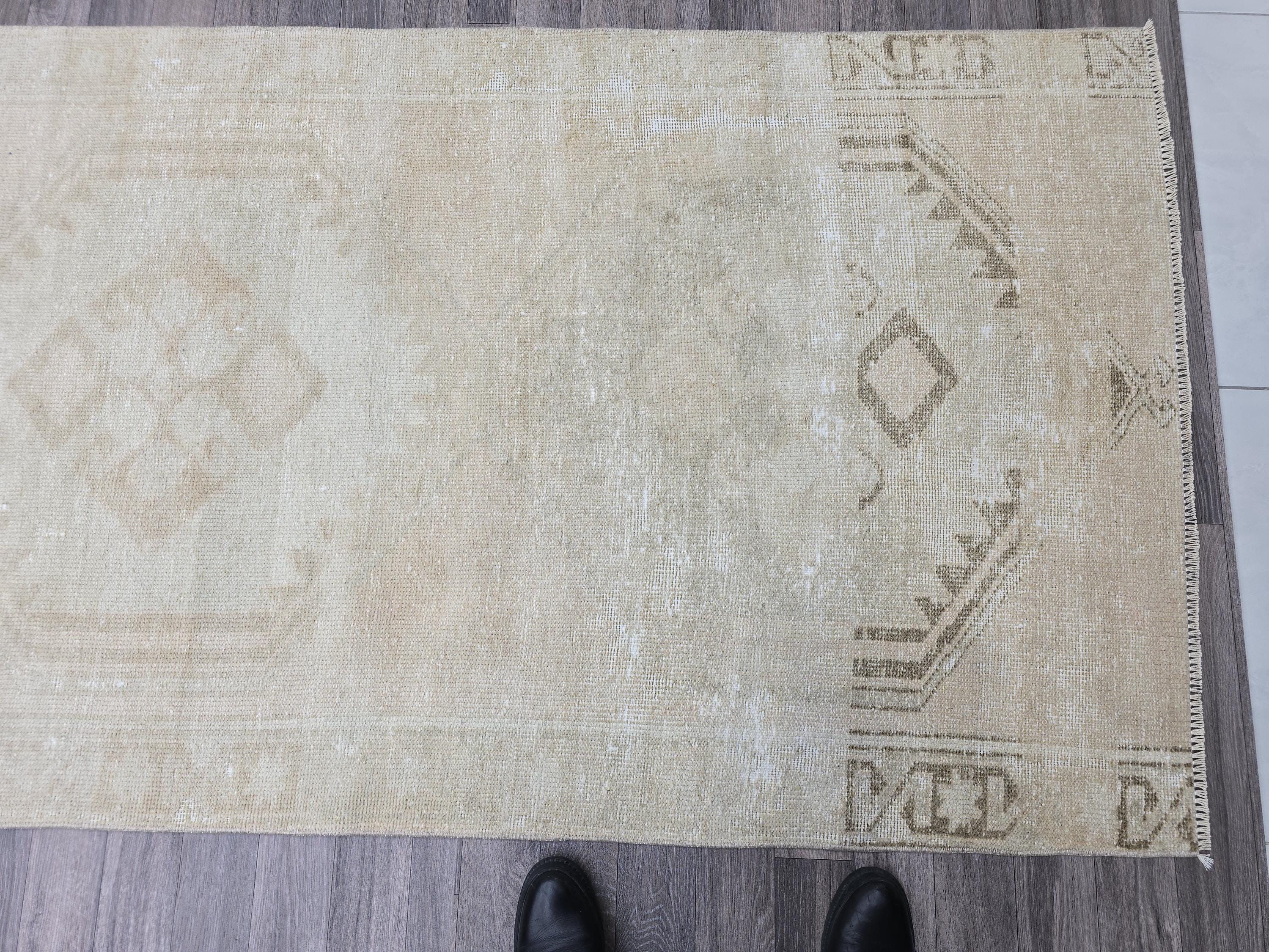 Vintage Oushak Wool Runner Rug: Distressed Turkish Hallway Carpet (3.9x14.25 ft)