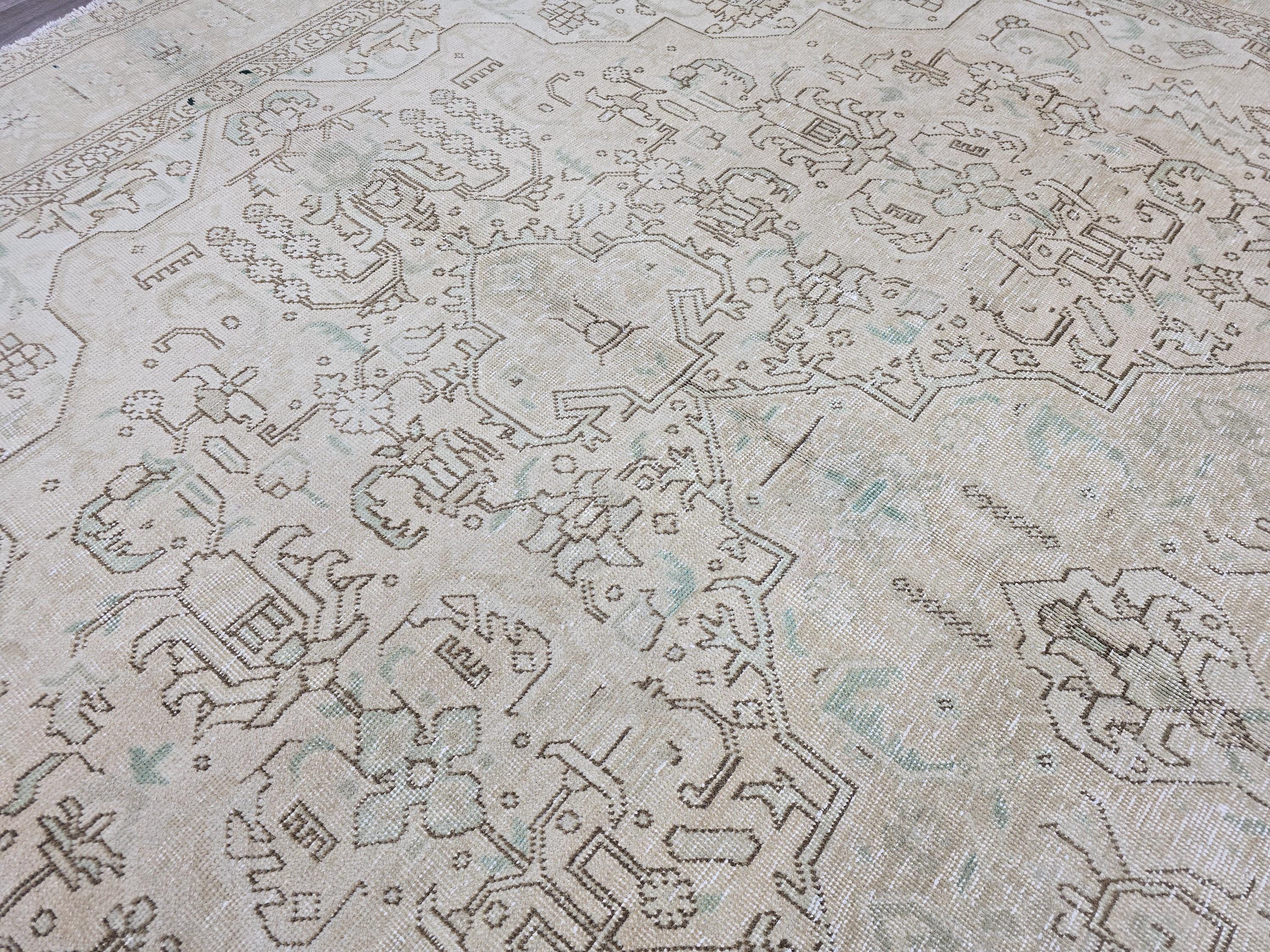 9x12 Vintage Heriz Rug: Neutral Oriental Wool, Large Area Rug