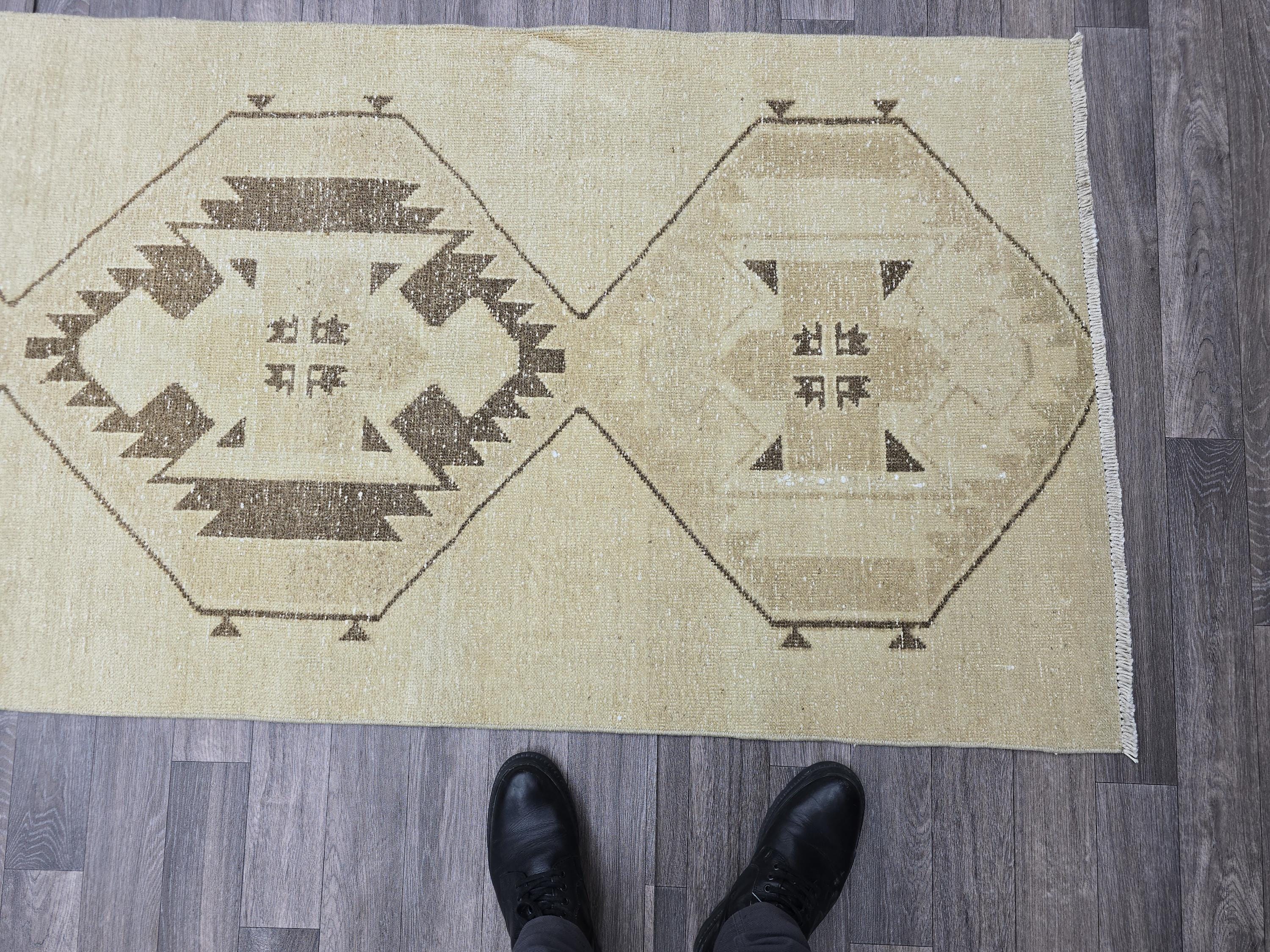 3x13 Hand Knotted Vintage Turkish Runner Neutral Colors Muted Oushak Runner