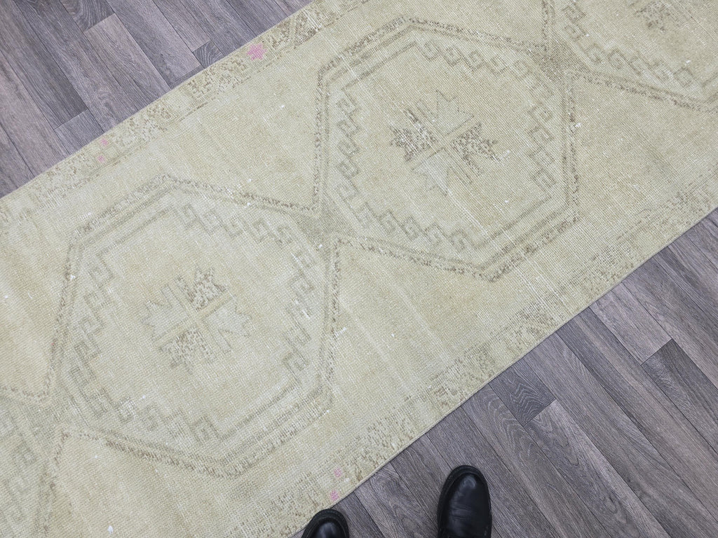 Vintage Turkish Oushak Runner Rug: 3x13 ft Beige Wool Hallway Carpet