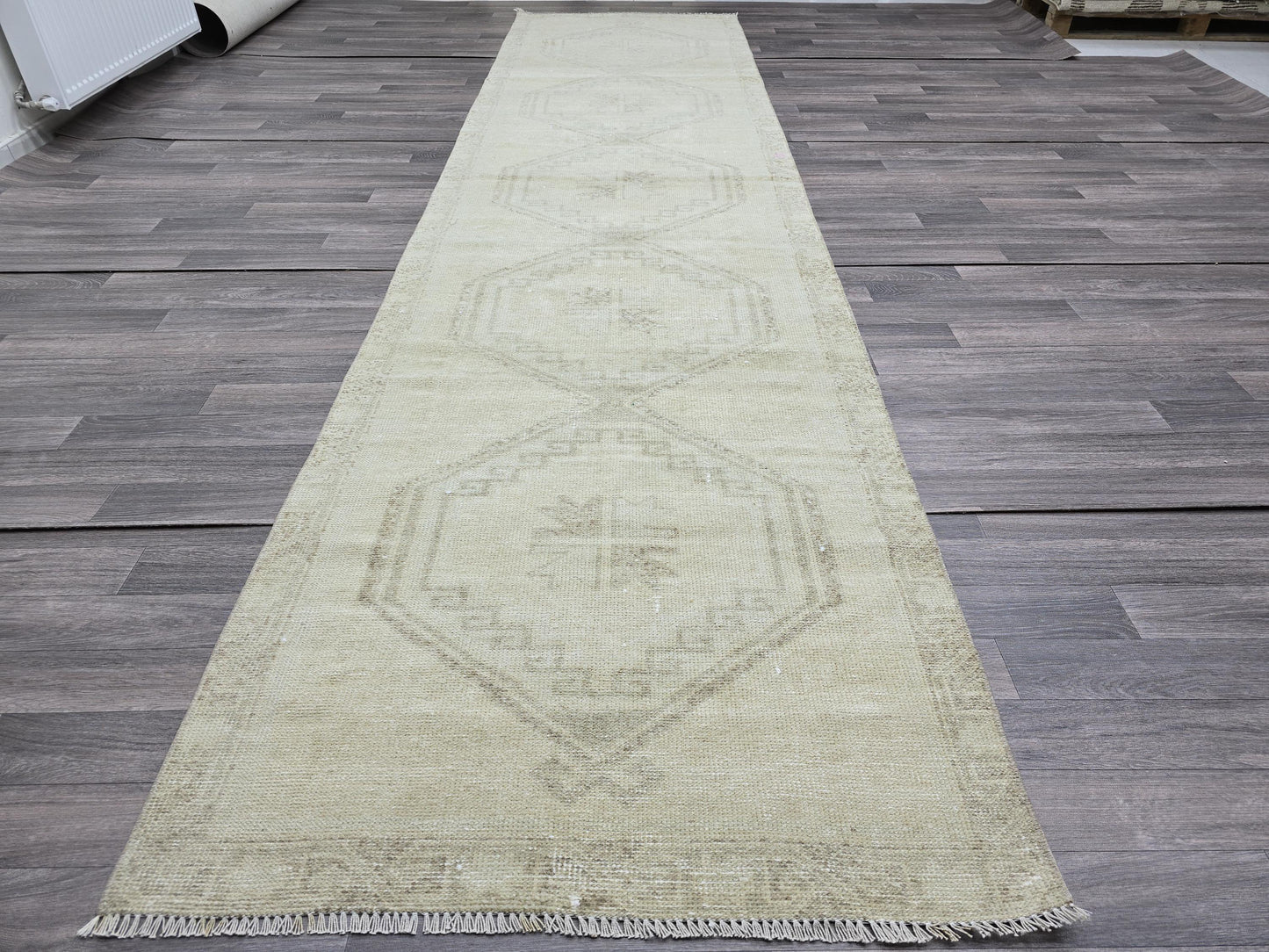 3x13 Vintage Turkish Runner Rug 3x13 ft Muted Oushak Hallway Runner Beige Cream Wool Rug Extra Long Runner Carpet