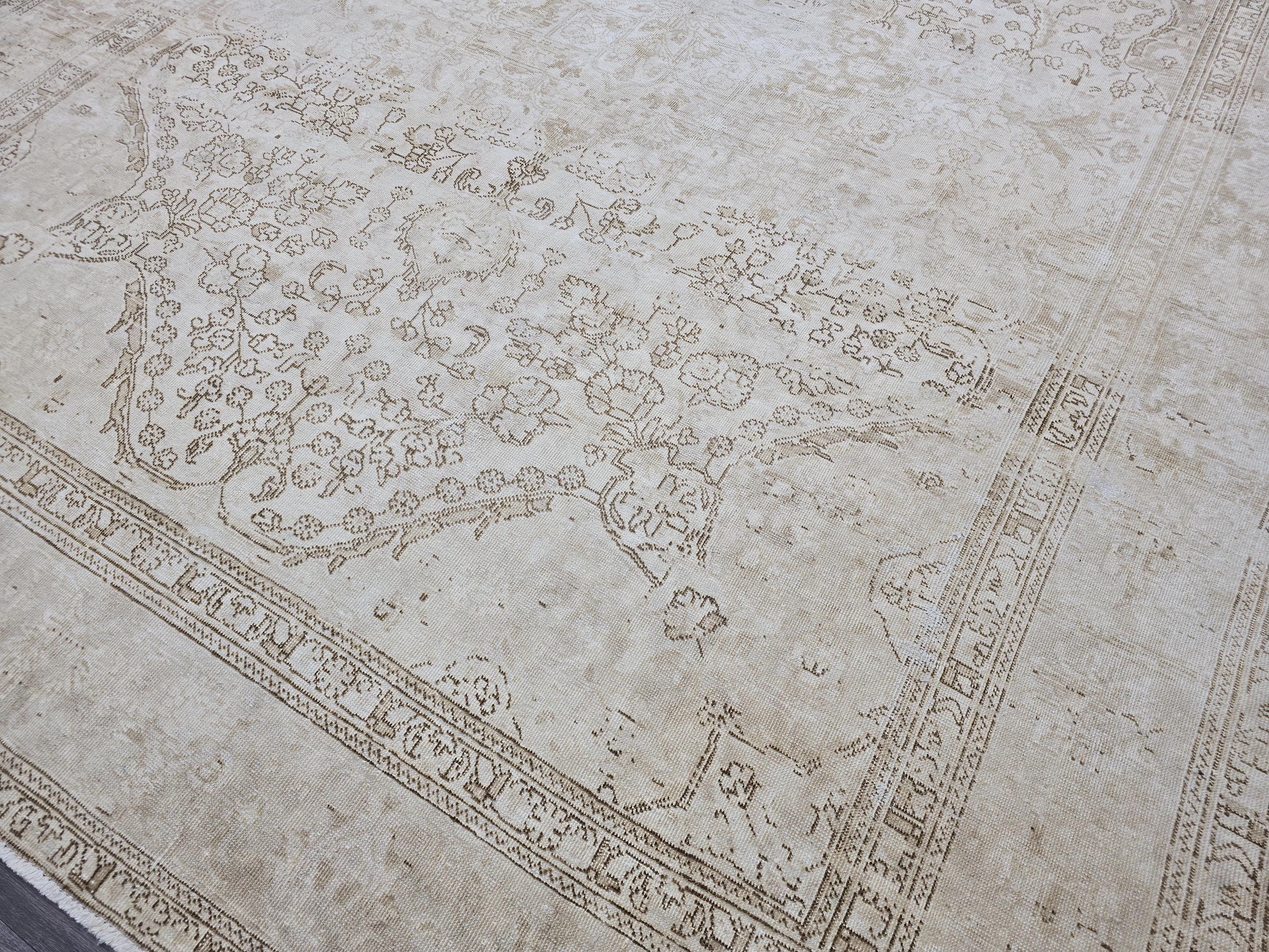 9x12 Vintage Turkish Rug Oushak | Beige Cream Large Area Carpet Handmade Wool Rug
