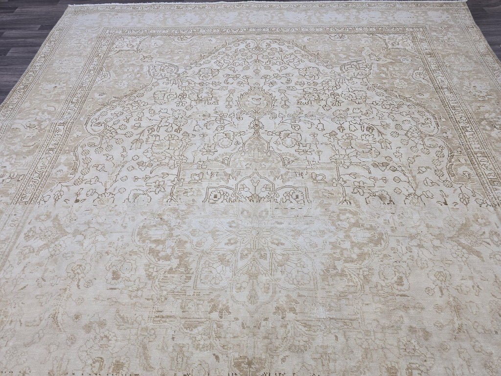 9x12 Vintage Turkish Rug Oushak | Beige Cream Large Area Carpet Handmade Wool Rug