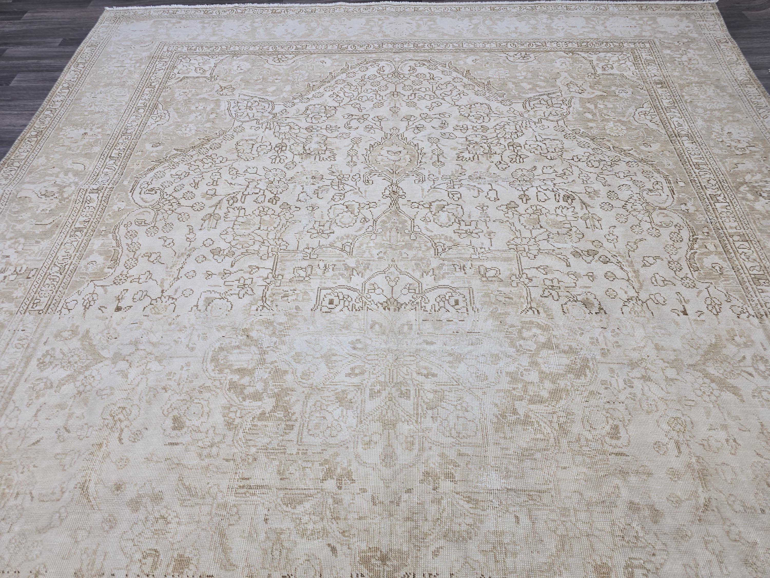 9x12 Vintage Turkish Rug Oushak | Beige Cream Large Area Carpet Handmade Wool Rug