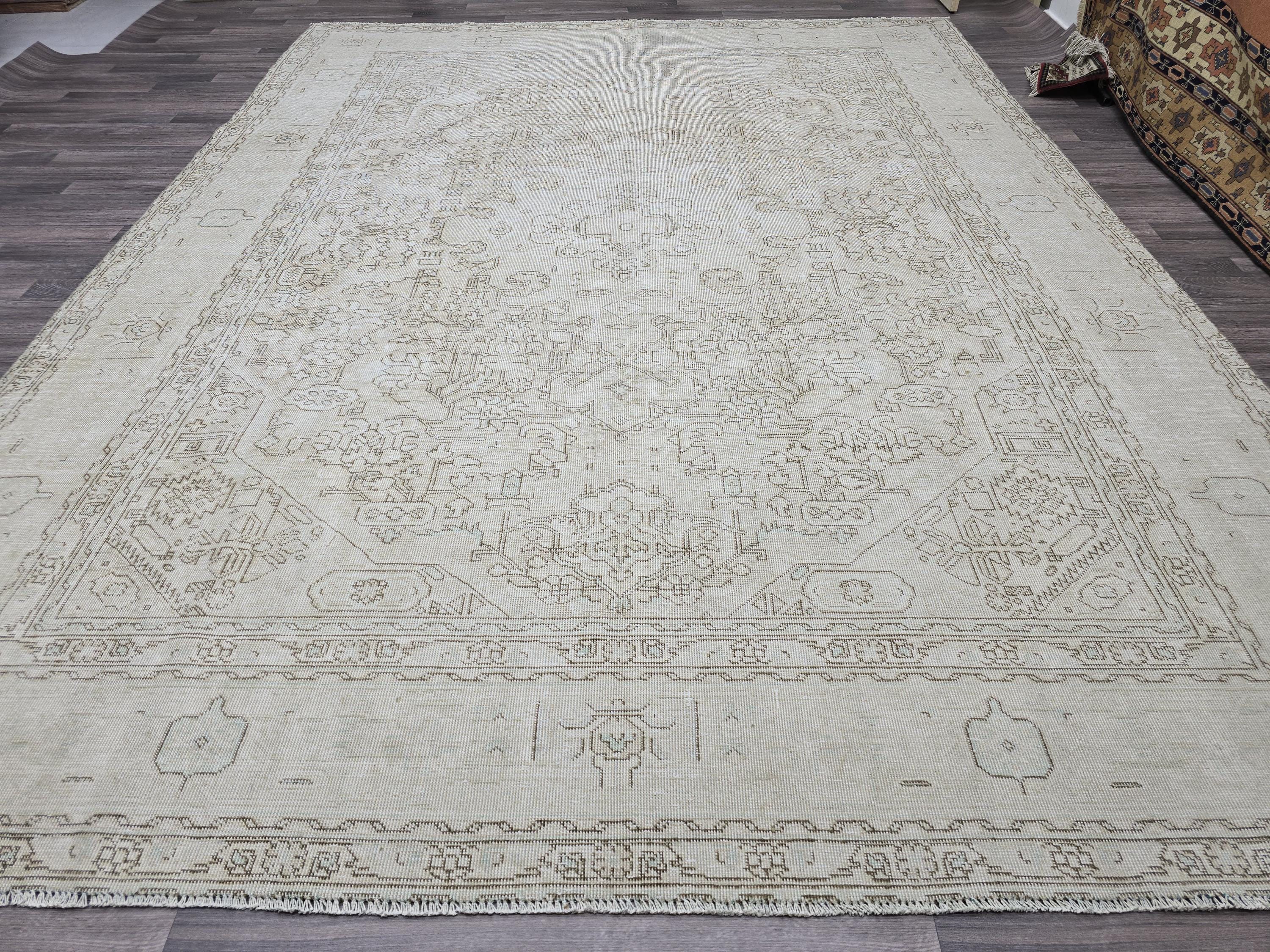 9x12 Vintage Turkish Oushak Rug: Distressed Beige Farmhouse Area Rug