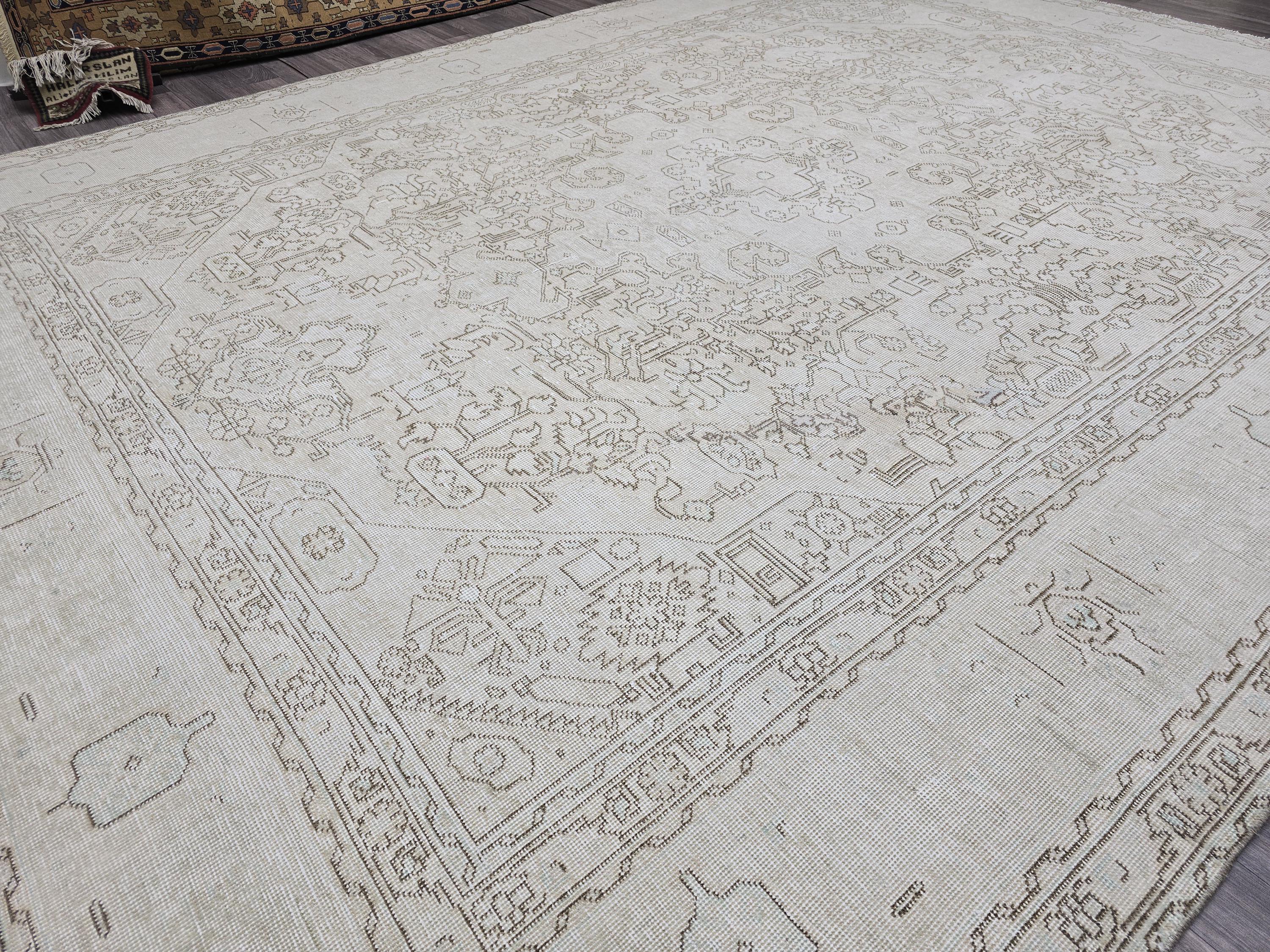 9x12 Vintage Turkish Oushak Rug: Distressed Beige Farmhouse Area Rug