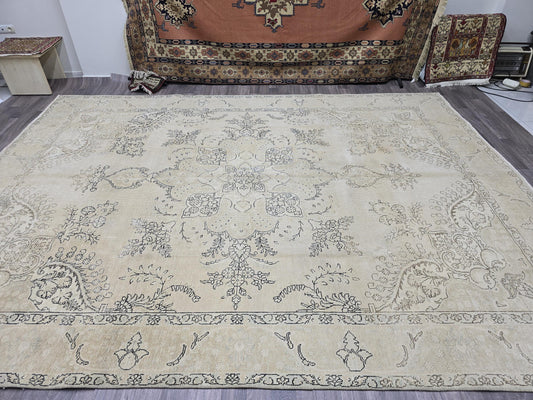 Turkish Rug 9x12 - Oversized Neutral Area Rug - Muted Vintage Rug Extra Large - Faded Oushak Rug - Cream Beige Brown Carpet