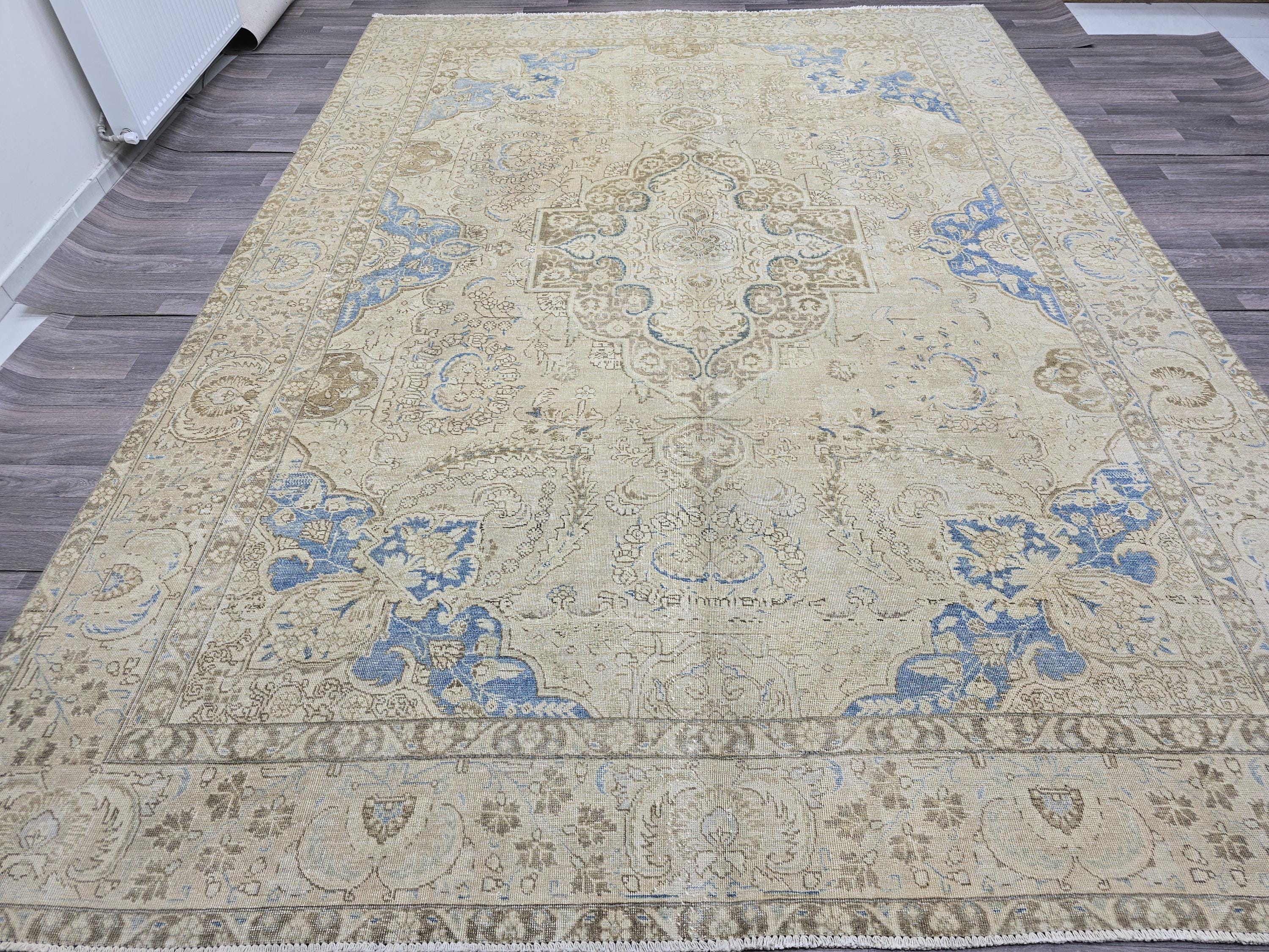 Oversized Vintage Turkish Rug 9x12: Hand-Knotted Distressed Beige Blue Rug