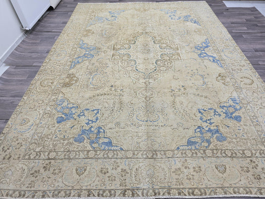 Vintage Turkish Rug 9x12 - Distressed Persian Rug 9x12 - Beige Blue Brown Rug - Hand Knotted Rug - Oversized Muted Neutral Rug