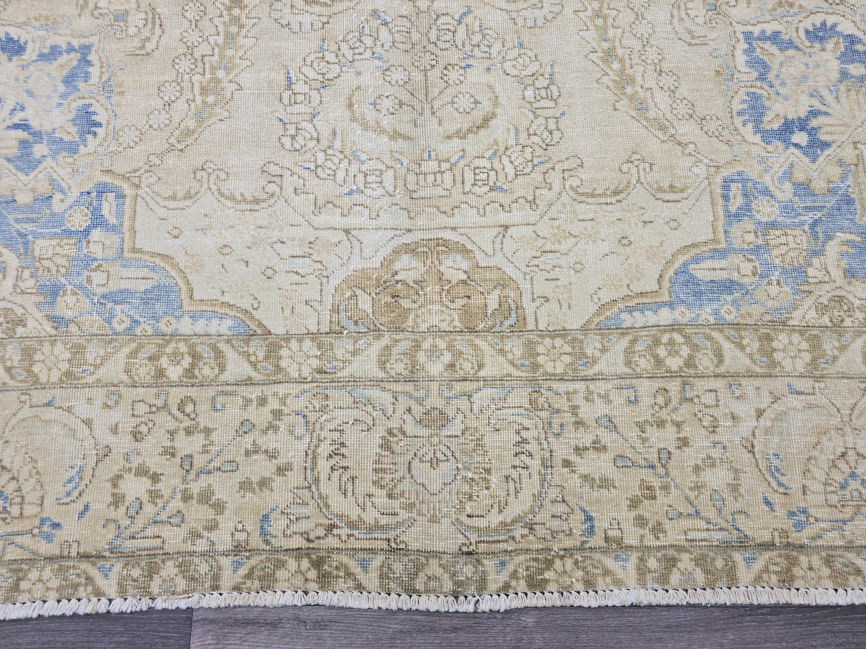 Oversized Vintage Turkish Rug 9x12: Hand-Knotted Distressed Beige Blue Rug