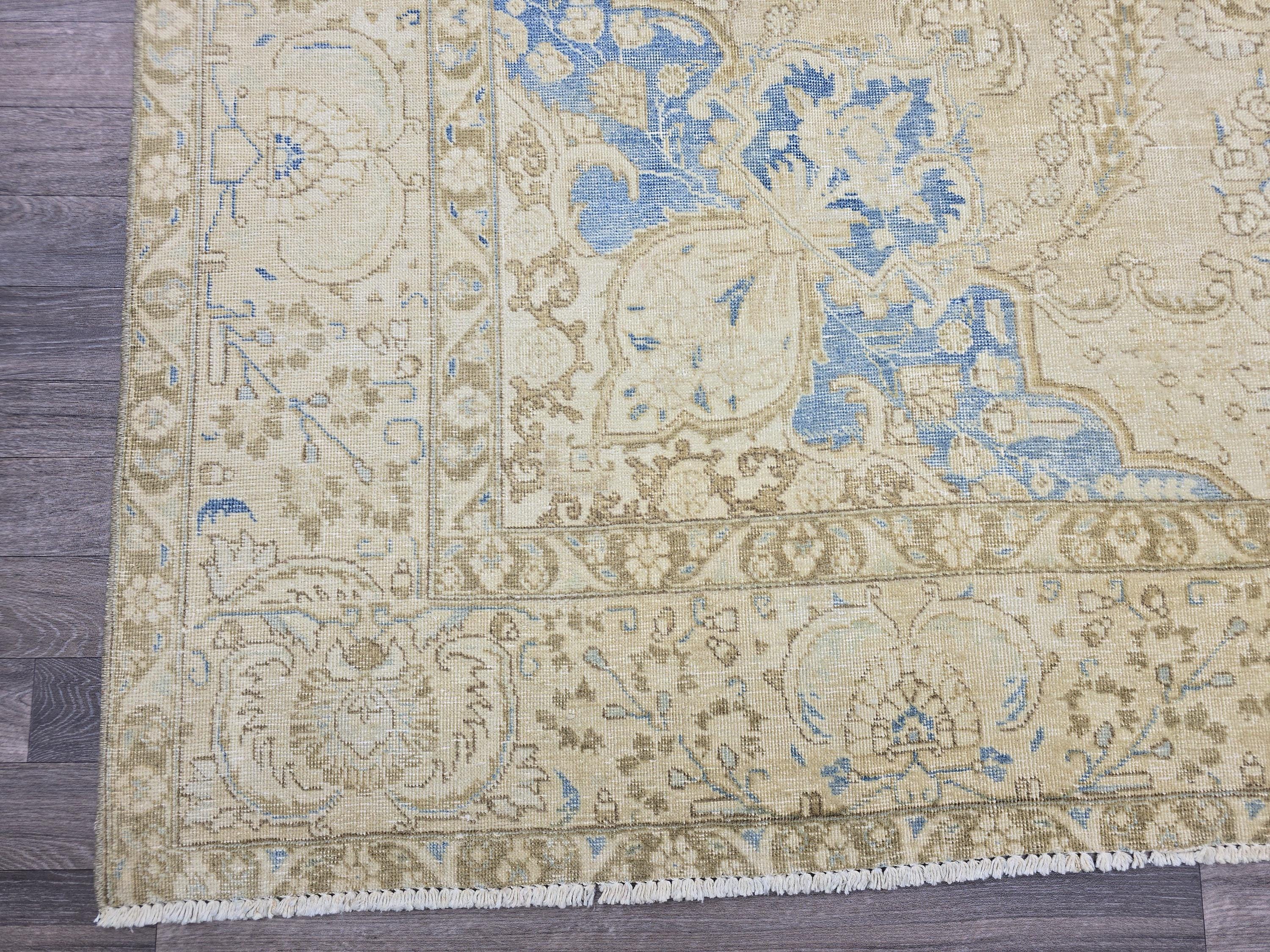 Oversized Vintage Turkish Rug 9x12: Hand-Knotted Distressed Beige Blue Rug