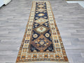 Vintage Turkish Runner Rug: 3.4x11 ft, Navy Blue Oushak Wool Hallway Rug