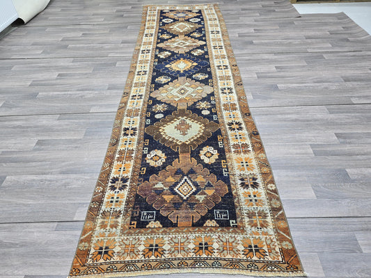 Vintage Turkish Runner Rug 3.4x11 ft Navy Blue Oushak Runner Handmade Wool Hallway Runner Geometric Floral Persian Rug Runner