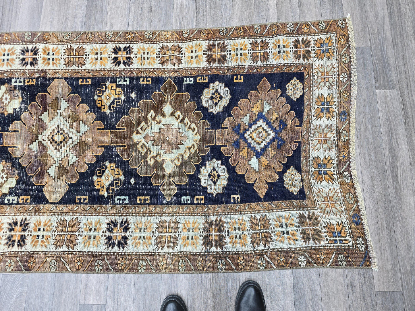 Vintage Turkish Runner Rug 3.4x11 ft Navy Blue Oushak Runner Handmade Wool Hallway Runner Geometric Floral Persian Rug Runner
