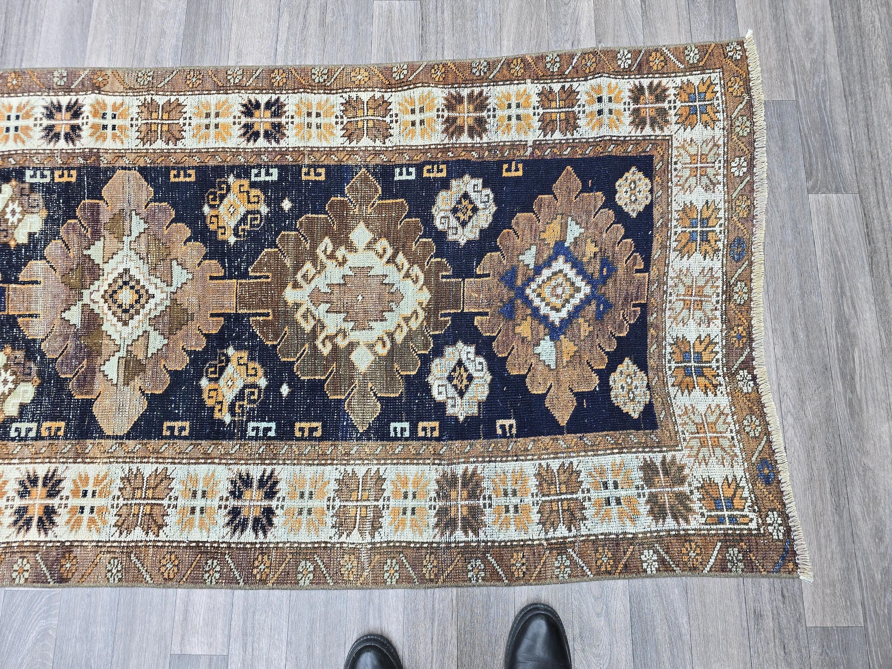 Vintage Turkish Runner Rug: 3.4x11 ft, Navy Blue Oushak Wool Hallway Rug