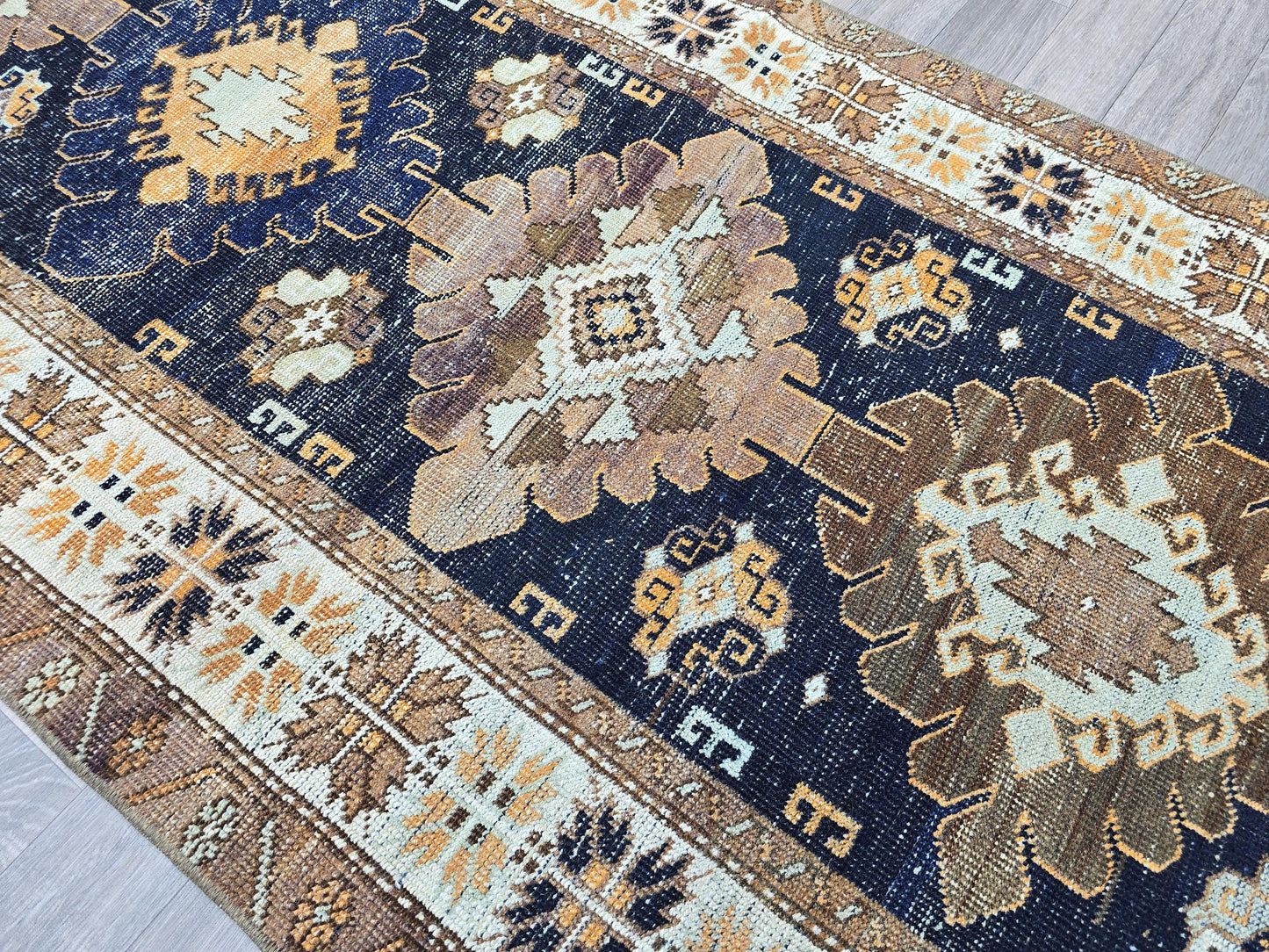 Vintage Turkish Runner Rug 3.4x11 ft Navy Blue Oushak Runner Handmade Wool Hallway Runner Geometric Floral Persian Rug Runner