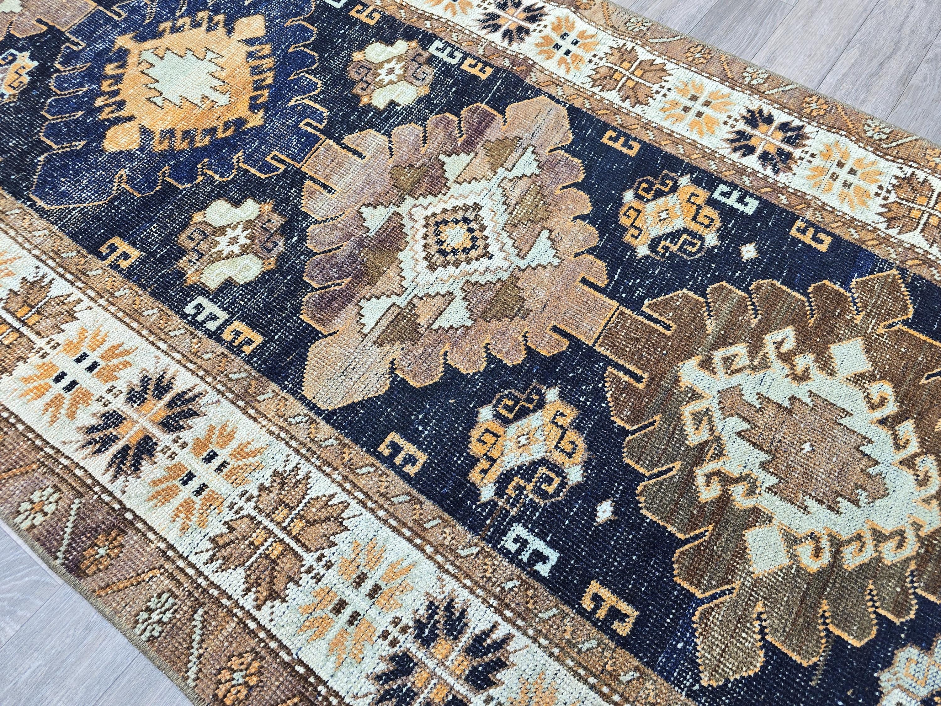 Vintage Turkish Runner Rug: 3.4x11 ft, Navy Blue Oushak Wool Hallway Rug