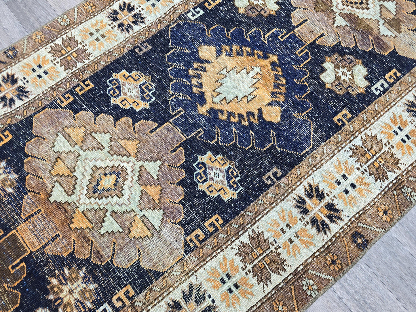 Vintage Turkish Runner Rug 3.4x11 ft Navy Blue Oushak Runner Handmade Wool Hallway Runner Geometric Floral Persian Rug Runner