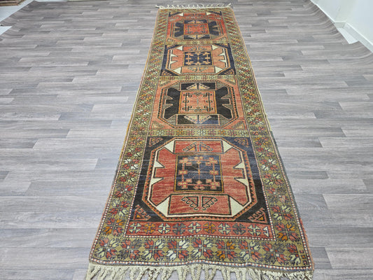 Antique Turkish Runner Rug 3.4x11.5 ft Handknotted Wool Hallway Runner Vintage Oushak Carpet Orange Navy Geometric Persian Rug Runner