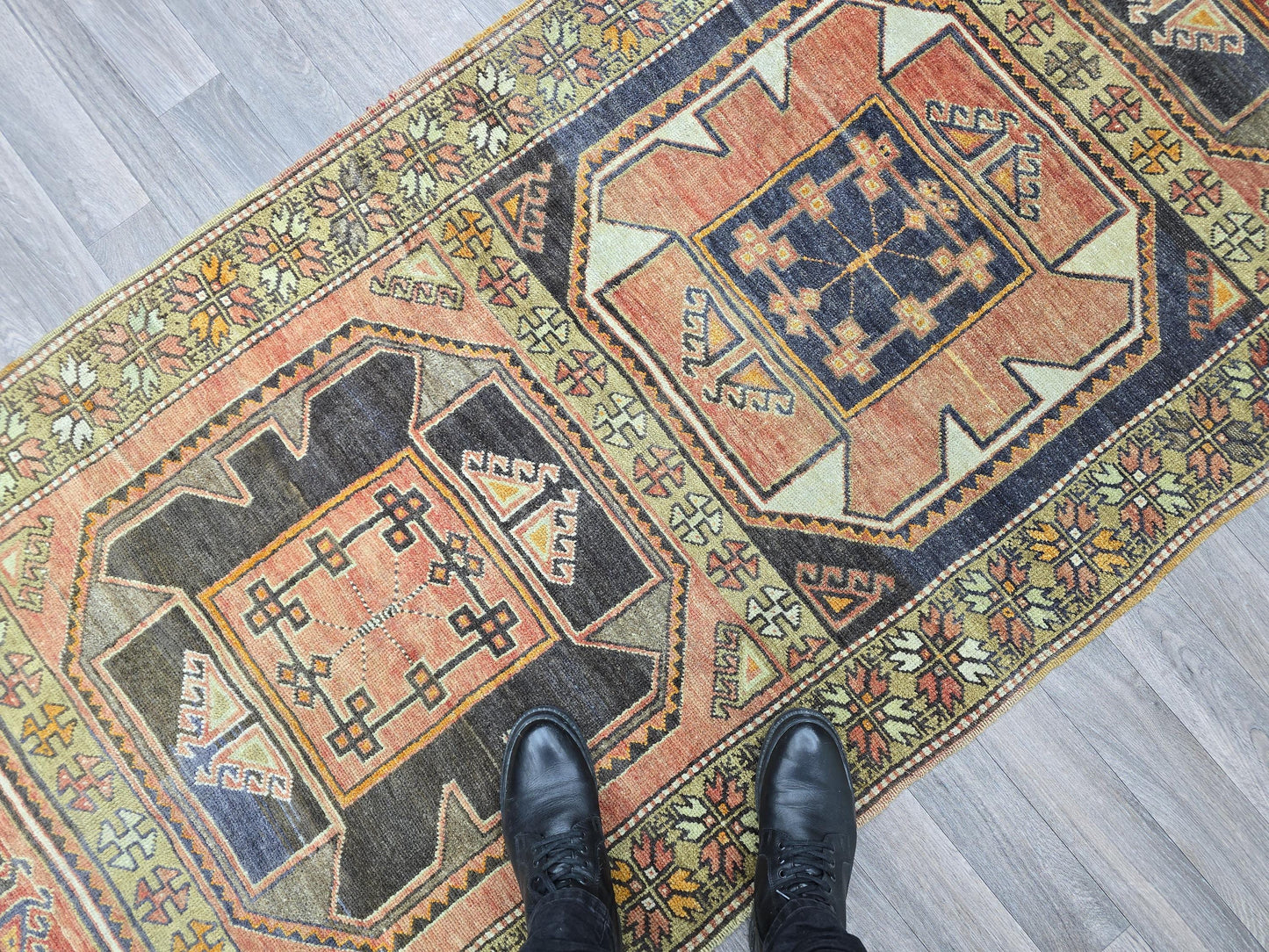 Antique Turkish Runner Rug 3.4x11.5 ft Handknotted Wool Hallway Runner Vintage Oushak Carpet Orange Navy Geometric Persian Rug Runner