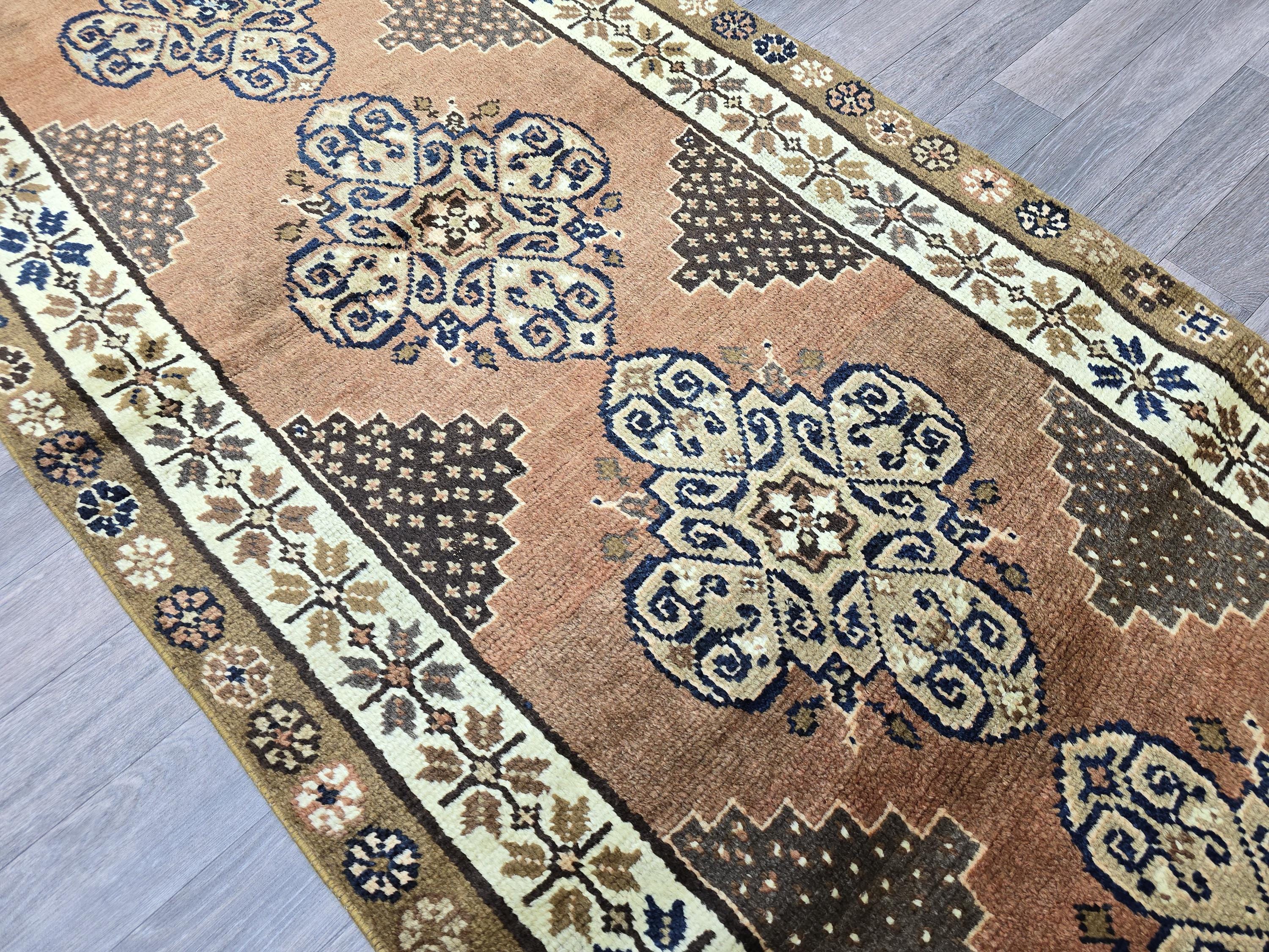 Vintage Turkish Runner Rug: 3x10 Brown Wool Hallway Oushak Rug