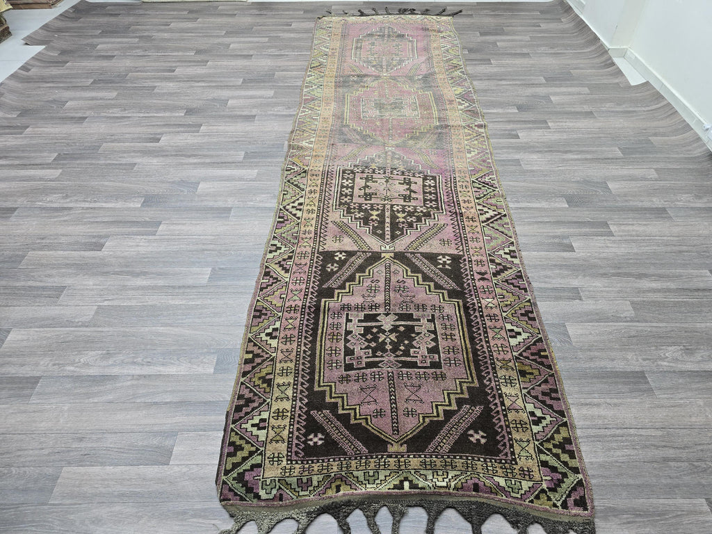 Vintage Oushak Runner Rug: Hand-Knotted Wool Hallway Carpet, 3.6x12.7 ft