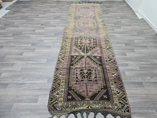 Vintage Turkish Runner Rug 3.6x12.7 ft - Handknotted Muted Pink Oushak Runner - Antique Persian Wool Hallway Carpet - Tribal Long Rug