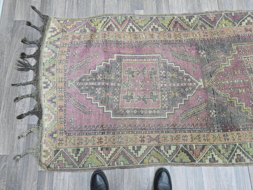 Vintage Oushak Runner Rug: Hand-Knotted Wool Hallway Carpet, 3.6x12.7 ft