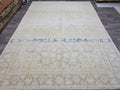 Vintage Turkish Oushak Rug 9x12: Handmade Wool Cream & Blue Boho Carpet