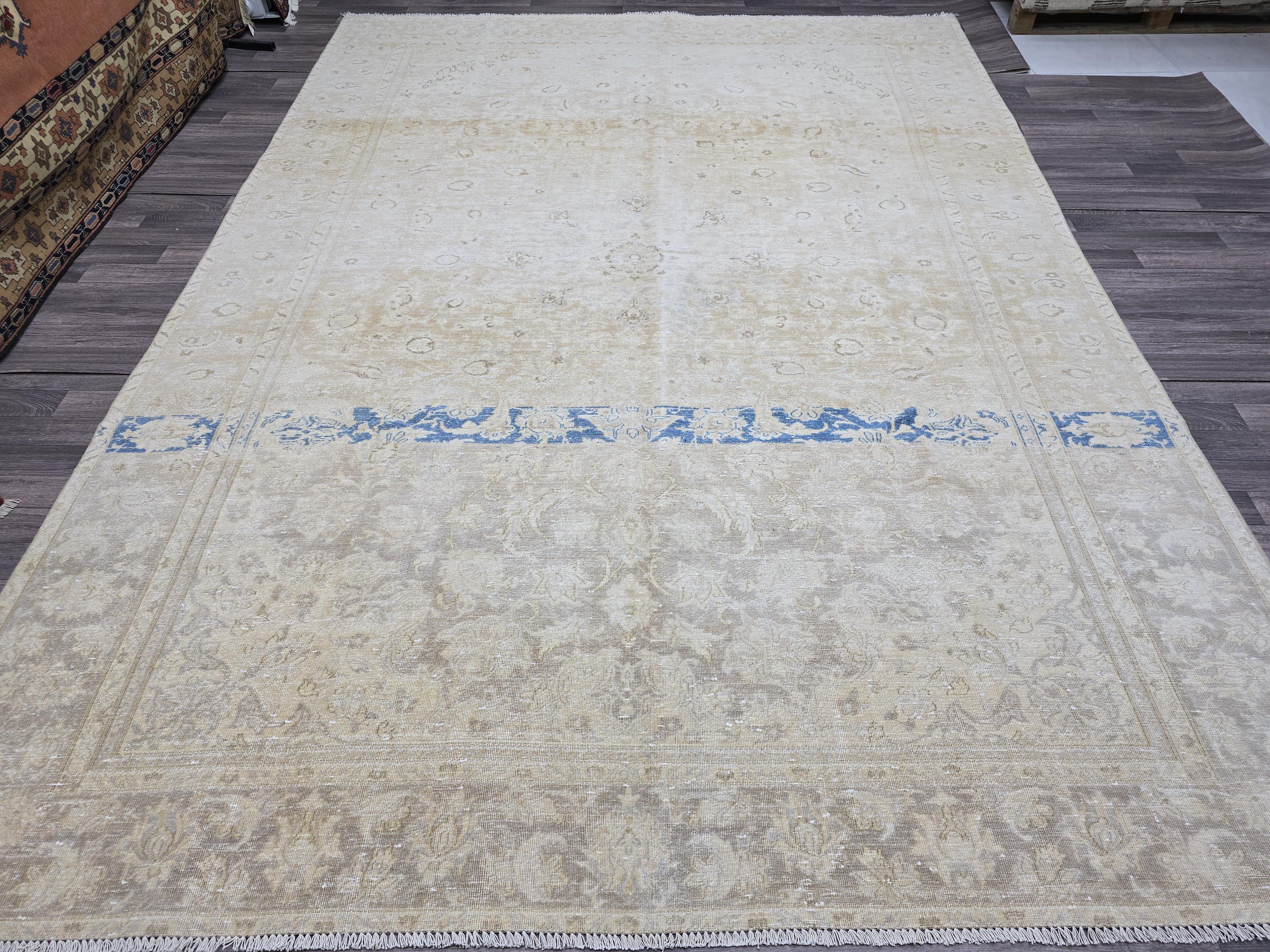 Vintage Turkish Oushak Rug 9x12: Handmade Wool Cream & Blue Boho Carpet