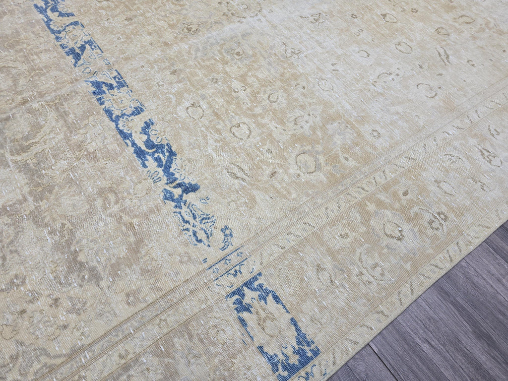 Vintage Turkish Oushak Rug 9x12: Handmade Wool Cream & Blue Boho Carpet