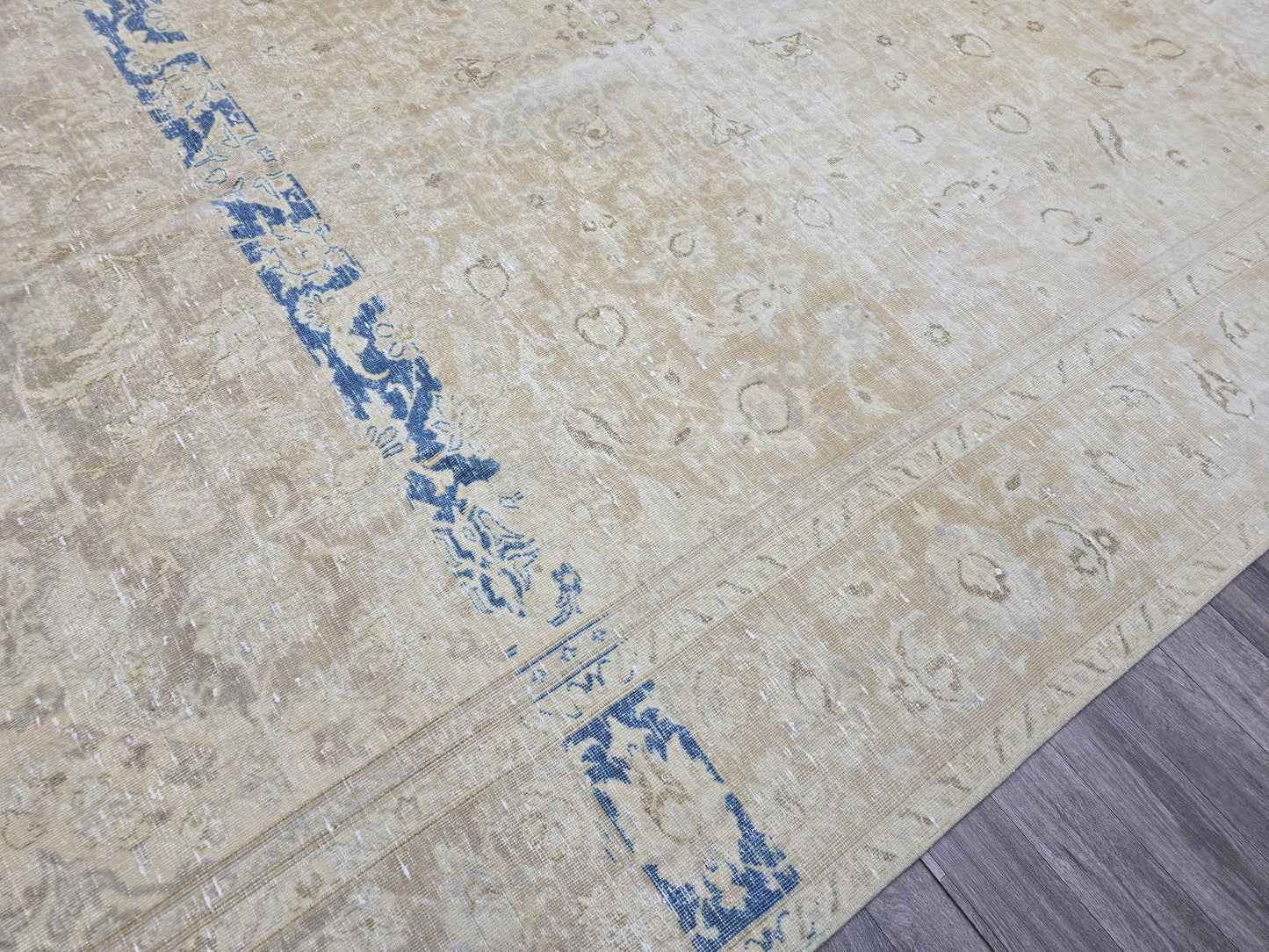 Vintage Turkish Oushak Rug 9x12: Handmade Wool Cream & Blue Boho Carpet