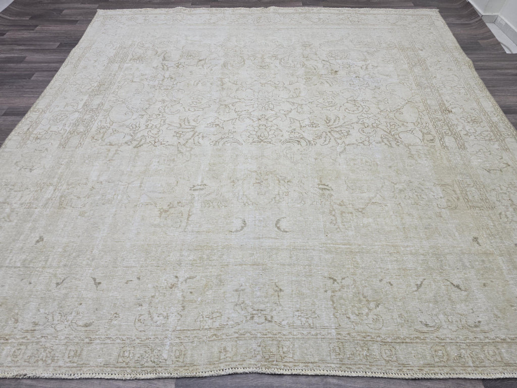 Square Vintage Persian Rug: 9x10 Cream Beige Wool Carpet